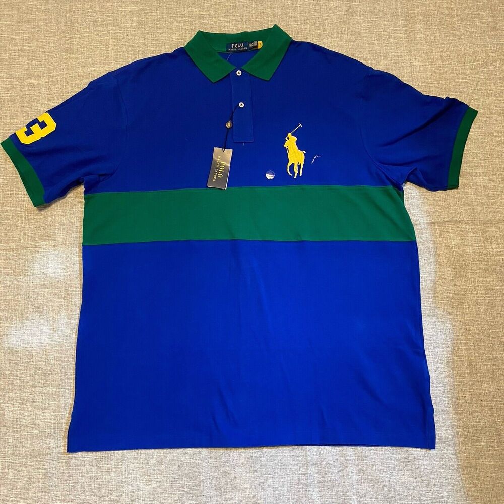 Polo Ralph Lauren Shirt Mens 2 XLT  Blue Green  Big Yellow Pony Mesh Top Golf